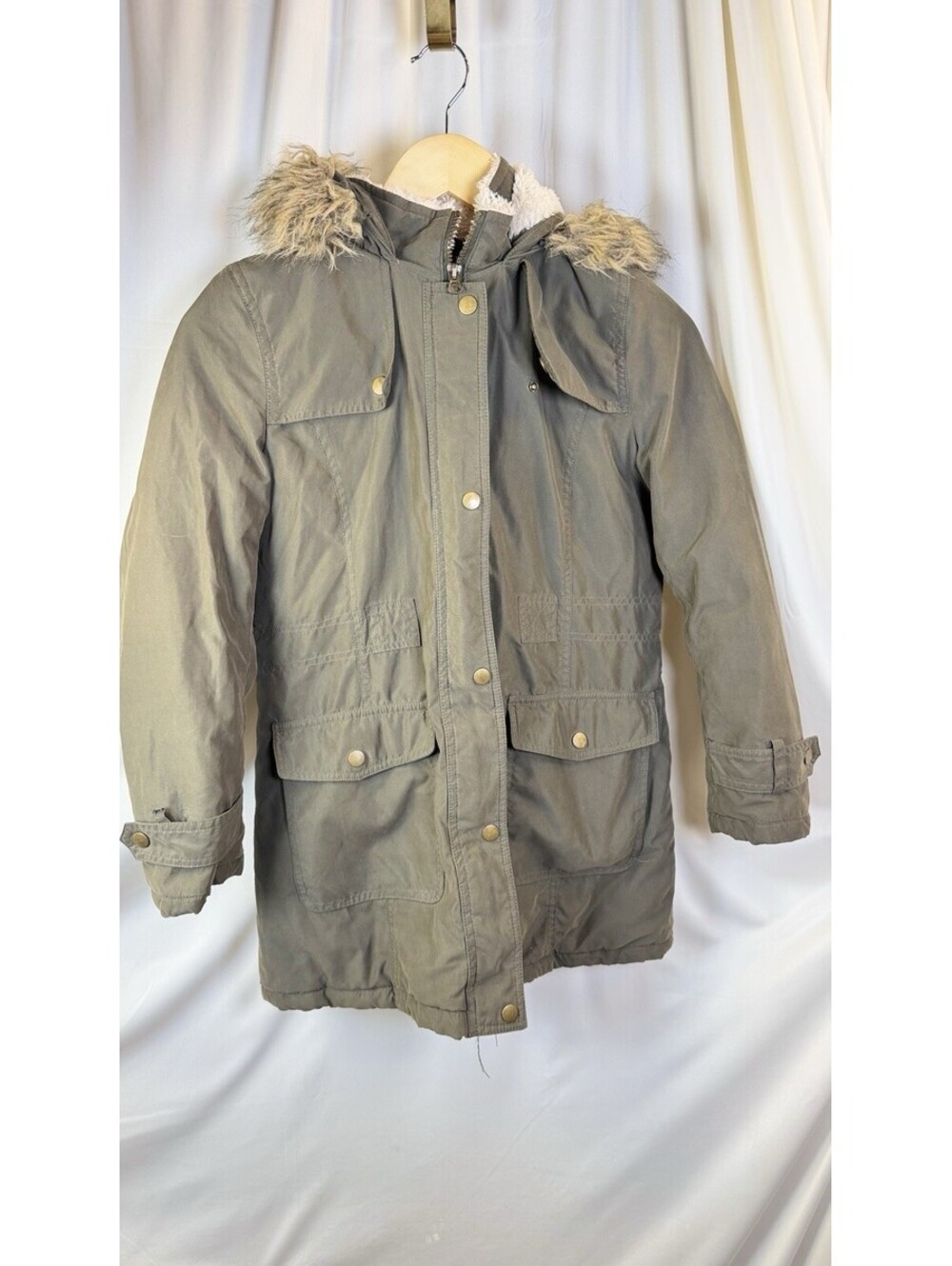 Rothschild Kids Winter Coat Army Green Faux Fur Hooded Quilted Inside M (10/12)